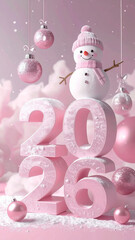 A 3D New Year's sign with the number 2026, decorated with Christmas tree decorations and a snowman, all in pink tones.