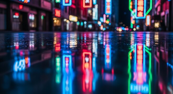 Vibrant neon city lights reflect on a wet street at night creating a dazzling colorful urban landscape