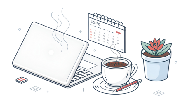 Work from home station with laptop, hot coffee, calendar, and potted plant in a modern outline style isolated on transparent background