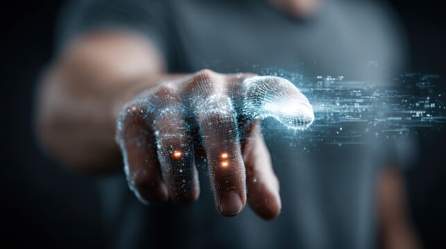 Futuristic Digital Interface with Holographic Hand Touching Virtual Screen in a Dark Background