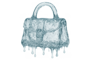 Ice handbag melting, symbolizing frozen finance, cold economy, or expensive fashion on transparent background