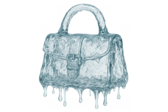 Ice handbag melting, symbolizing frozen finance, cold economy, or expensive fashion on transparent background