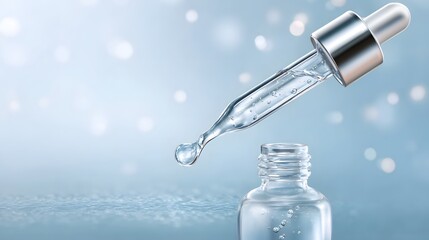 ro image of a liquid drop dispensing from a pipette into a cosmetic bottle symbolizing beauty health and precise formulation