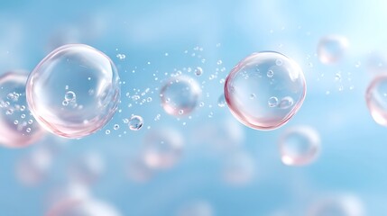 ro view of glowing transparent bubbles exhibiting subtle pink tones and internal air inclusions suspended in a serene airy blue atmosphere with scattered shimmering micro particles