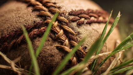 Bird's eye view of cricket training cone markers on pitch with bat and ball, practice setup, vibrant colors