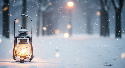 Lit vintage oil lantern sits in a snowy landscape during a snowfall, with blurred trees and lights in the background.