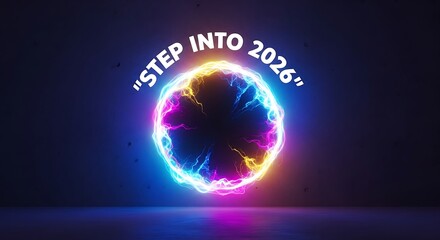 Vibrant neon portal beckons towards the future inviting entry into the new year 2026