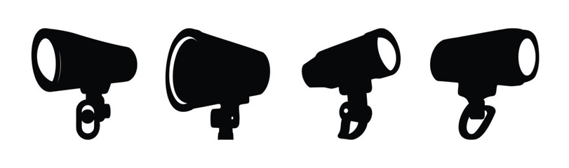 Professional studio lighting equipment silhouette icons set