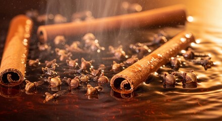 A simmer pot with cinnamon sticks and cloves creates a warm, inviting aroma. Steam rises, enhancing the cozy atmosphere of a winter kitchen ritual.