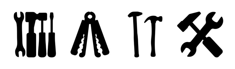 Black silhouettes of common tools for repair and maintenance