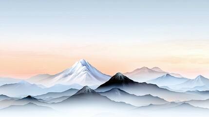 A panoramic view of a majestic mountain range shrouded in mist, with snow-capped peaks illuminated by a soft sunrise.