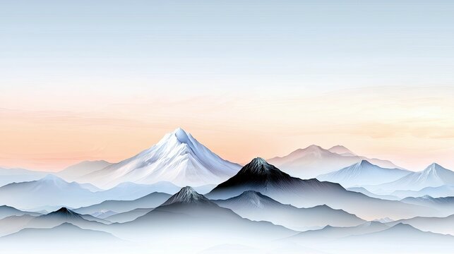 A panoramic view of a majestic mountain range shrouded in mist, with snow-capped peaks illuminated by a soft sunrise.