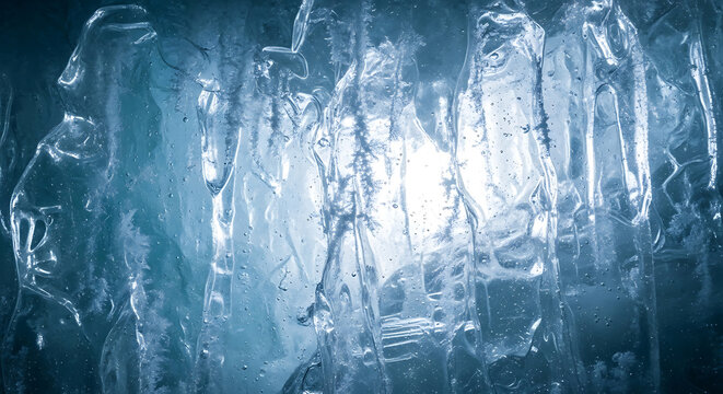 Close-up of textured blue ice with water droplets and light shining through. - Powered by Adobe