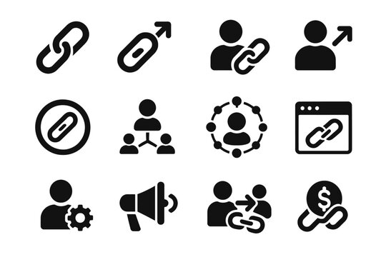 Set of black link icon illustrations for networking and promotion concepts