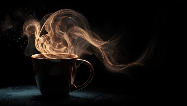 A dark mug of steaming coffee, dramatic smoke swirls against a black background