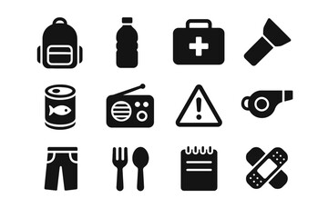 Emergency survival kit essentials icons: backpack, water, first aid, and more