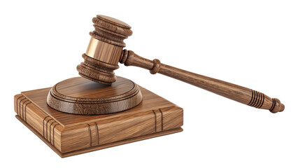 Gavel striking sound block, polished wood, simple realistic design, isolated PNG