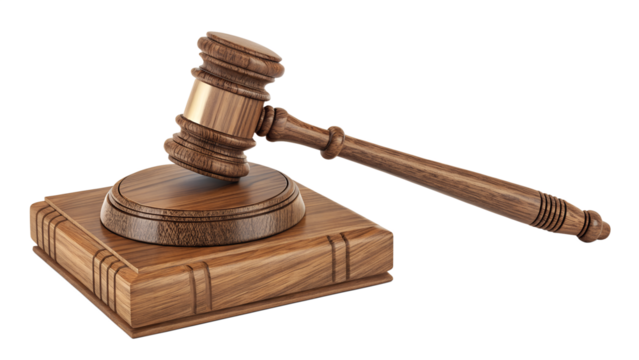 Gavel striking sound block, polished wood, simple realistic design, isolated PNG