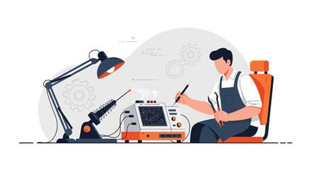 Illustration depicting an engineer repairing electronic circuit with precision tools and focused