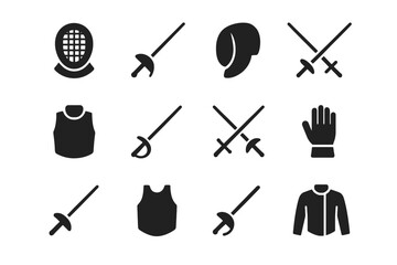 Fencing equipment icons: swords, masks, attire, gloves for fencing enthusiasts
