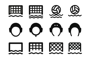 Water polo icons: goals, balls, and players with protective headgear
