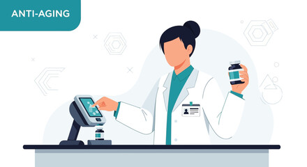 Illustration featuring a medical professional examining medication for anti-aging purposes