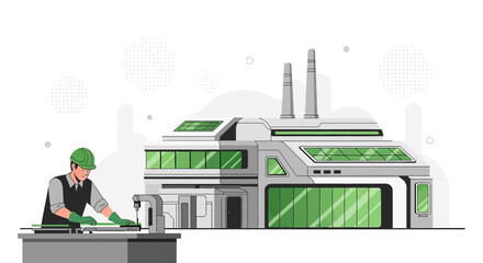 Illustration of a factory worker and building promoting sustainable manufacturing processes