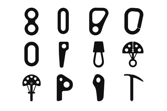 Silhouette icons of climbing and mountaineering equipment