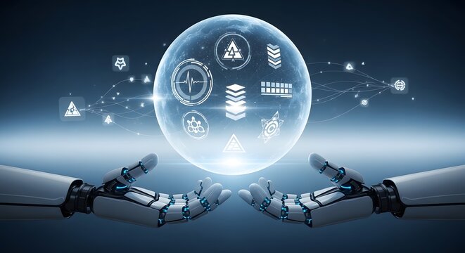 Robotic hands cradling a glowing earth with interconnected digital network icons, future technology concept.