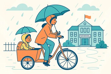 Parent cycling with child in rain using umbrellas, heading to school on light background, showing family commute and school travel concept. Ai generative
