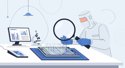 Illustration of a scientist analyzing a microchip in a cleanroom environment with advanced