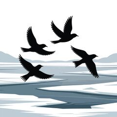 Winter Birds Flying Over Snowy Landscape Vector Illustration – Minimalist Christmas and New Year Seasonal Nature Art with Silhouette Birds and Frozen Lake Scene