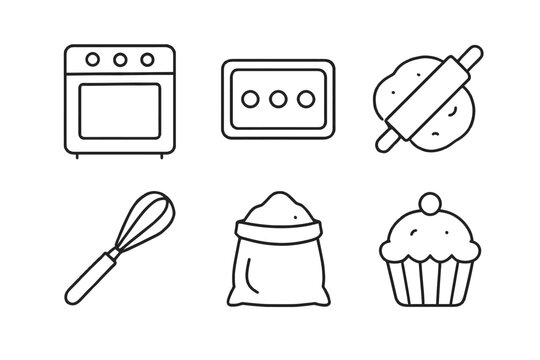 Baking icons: oven, timer, dough, whisk, flour, cupcake – essential kitchen tools