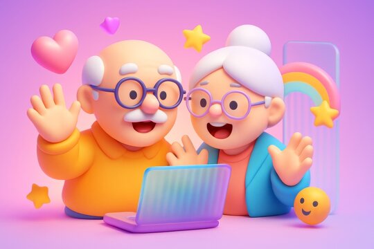 Cute elderly couple using laptop with joyful expressions, surrounded by hearts, stars, rainbow, and light pastel background. Ai generative. Ai generative