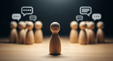 Sad wooden figure standing alone surrounded by other wooden figures with speech bubbles, representing exclusion and social isolation.