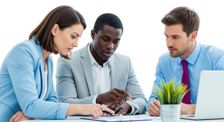 Diverse business people collaborating over documents and laptop in office meeting isolated on transparent background