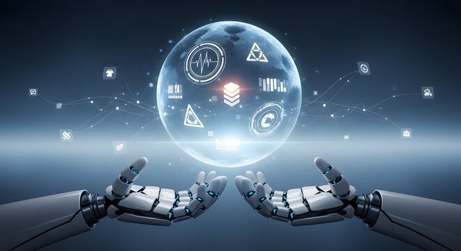 Artificial intelligence holding a glowing earth with data connections, futuristic technology concept. - Powered by Adobe