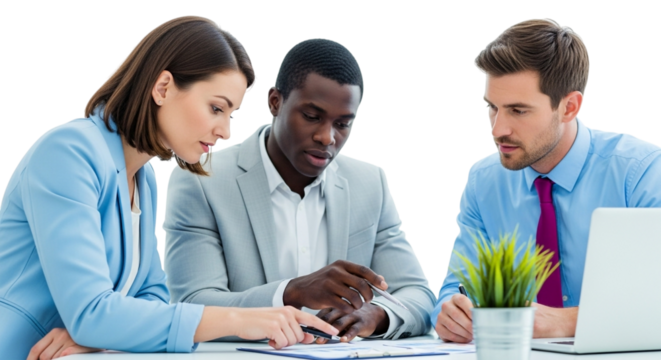 Diverse business people collaborating over documents and laptop in office meeting isolated on transparent background