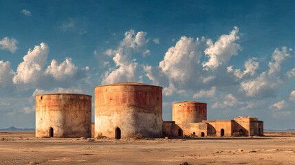 Powerful photograph of large water storage tanks in a dry, sun-scorched rural African village, conveying a sense of precious, vital resources.