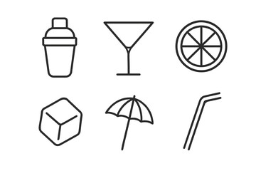 Fototapeta premium Minimalist icons: cocktail shaker, martini glass, citrus slice, ice cube, umbrella, straw