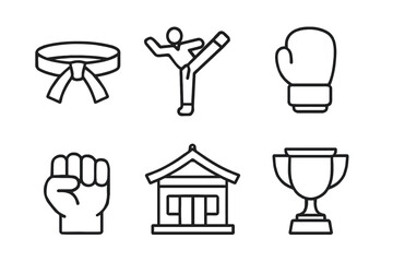 Martial arts icon set featuring belt, kick, glove, fist, dojo, trophy