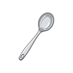 A polished metallic spoon with a slender handle and a bowl for serving or eating food, depicted as a clean, versatile kitchen utensil