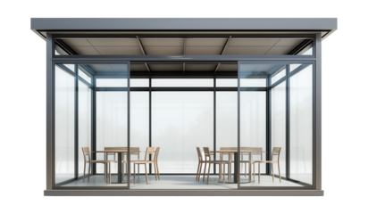 A glass-sided patio for a cafe, offering a bright and welcoming atmosphere for guests.
