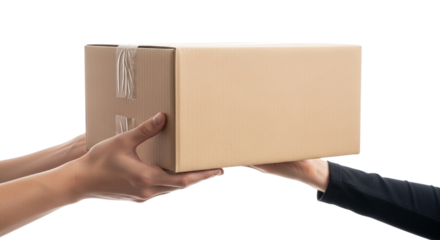 Hands passing a cardboard box from one person to another, isolated on transparent background
