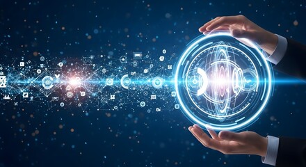 Digital transformation concept with glowing hands protecting a network sphere of interconnected data.
