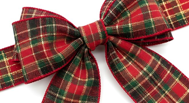 A vibrant festive plaid bow, elegantly tied with traditional red, green, and gold colors, perfect for holiday gifts, Christmas decorations, and seasonal accents.