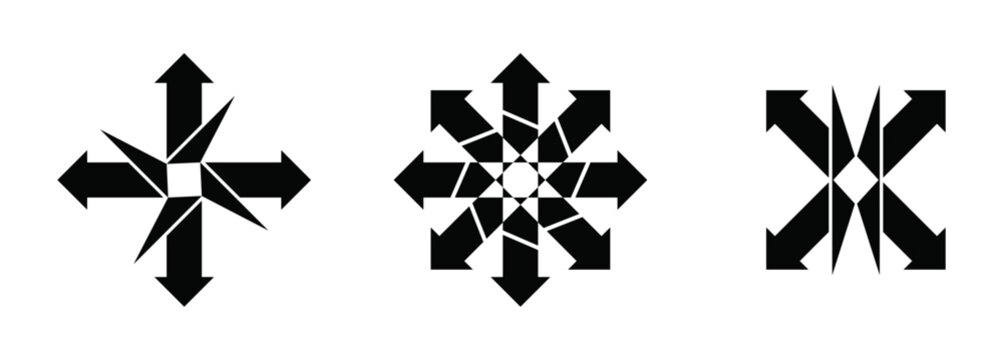 Geometric multi-direction arrow symbol set &ndash; abstract radial vector illustration icons.