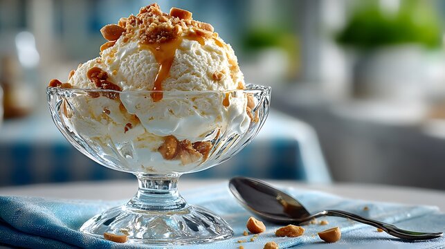 Refreshing scoop of vanilla bean ice cream topped with crunchy, salted peanuts, served in a classic glass dessert dish on a crisp white tablecloth.