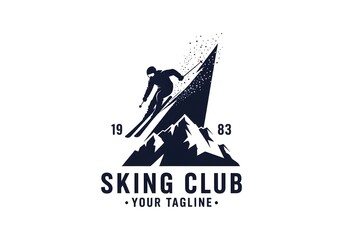 Vintage Skiing Club Logo with Mountain and Skier Silhouette