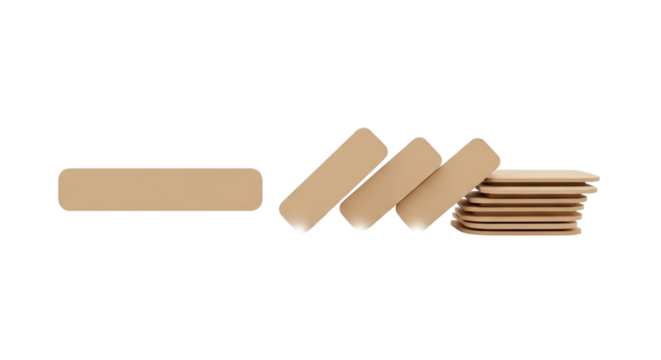 Domino effect of beige rectangular blocks falling and stacking, isolated on transparent background